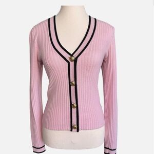 Express Pink Cardigan with Black Accents and Gold Buttons